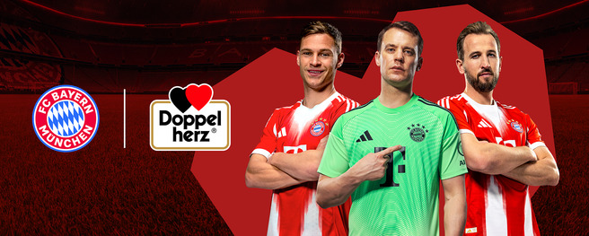 A promotional image featuring three soccer players from FC Bayern Munich. The first player wears a red and white striped jersey, smiling. The second, a goalkeeper, wears a green jersey and points forward. The third player also wears a red and white jersey, crossing his arms. The background is red with the club's logo and a brand logo.